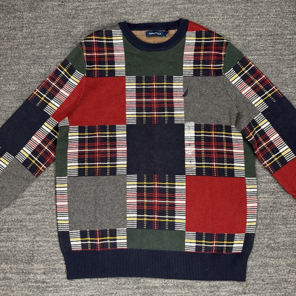 Nautica Sweater Men Small Patchwork Plaid Town Country Preppy Town Country Wool